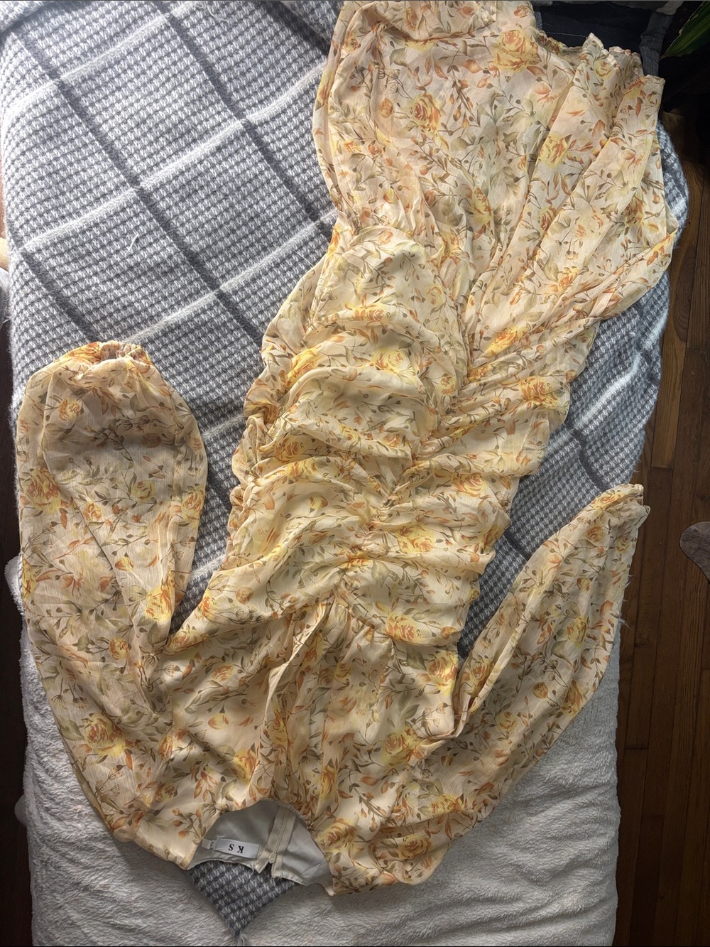 Yellow Floral Ruched Slip Dress by